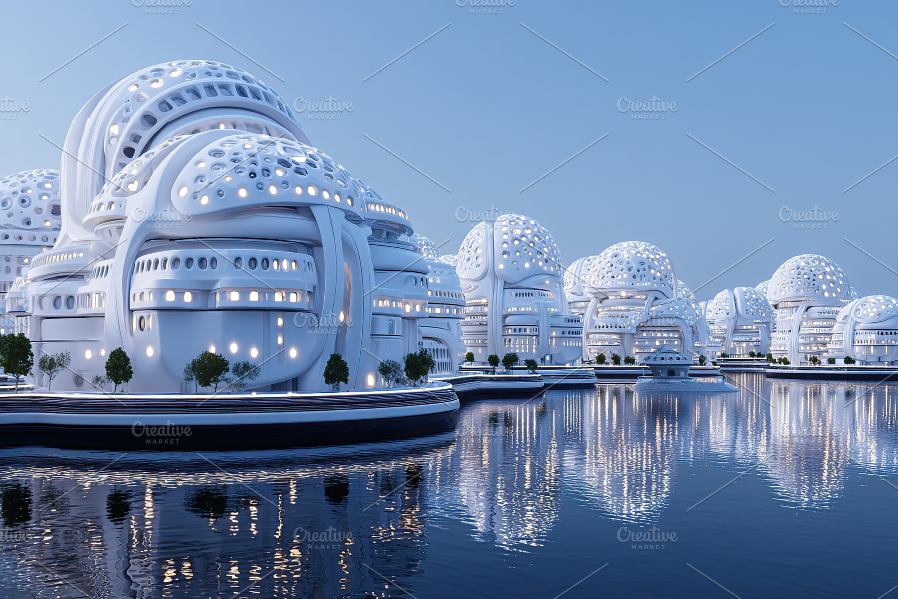 Futuristic white buildings reflected in water at twilight near a serene landsca, an Architecture Photo by AlyaAnd