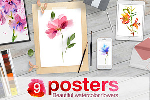 Watercolor flowers. 9 posters
