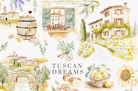 Tuscan clipart Italian watercolor, a Decorative Illustration by Patishop Art