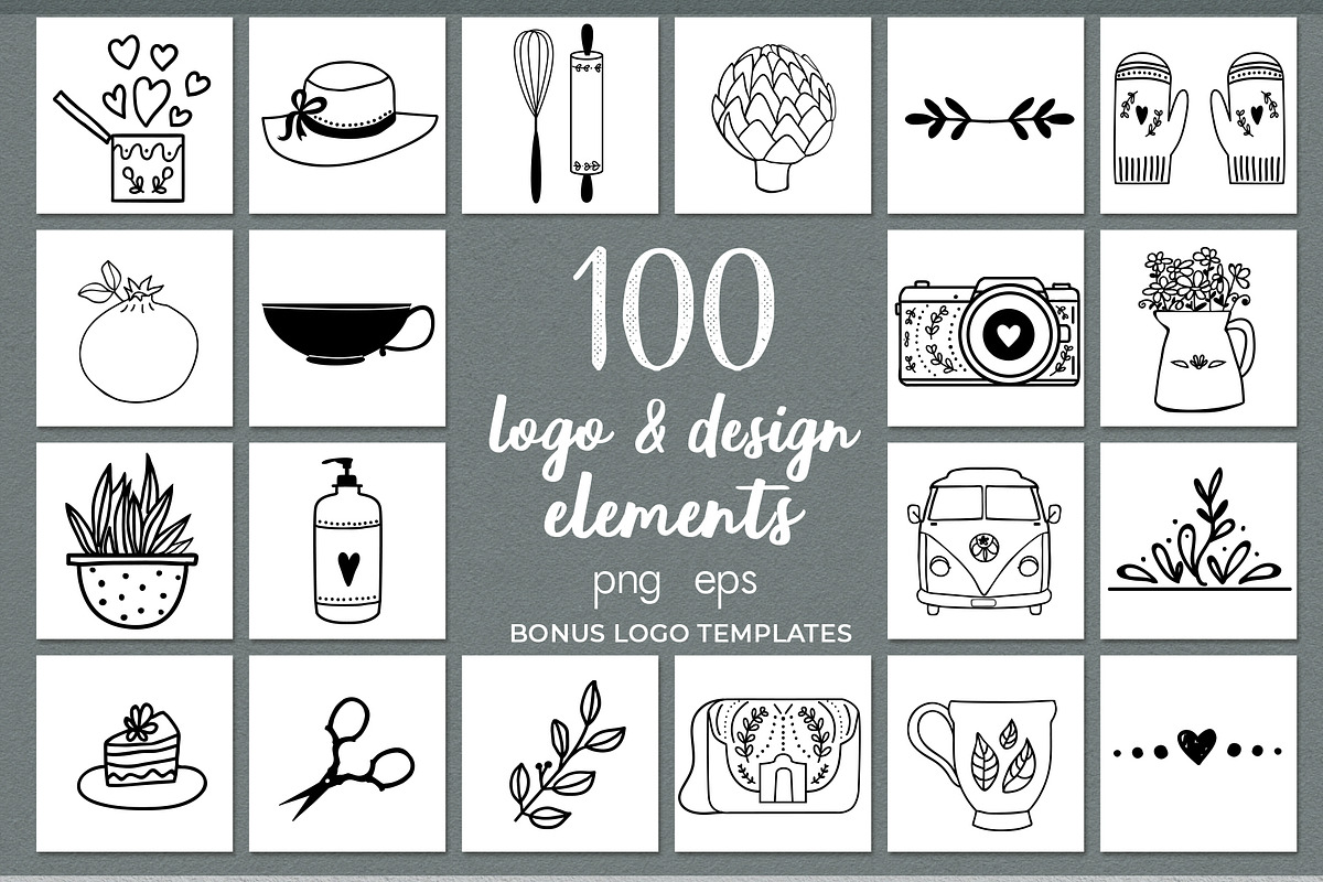 100 hand drawn elements + logo, a Work Illustration by Cozy pattern shop (Photo 1 of 7)