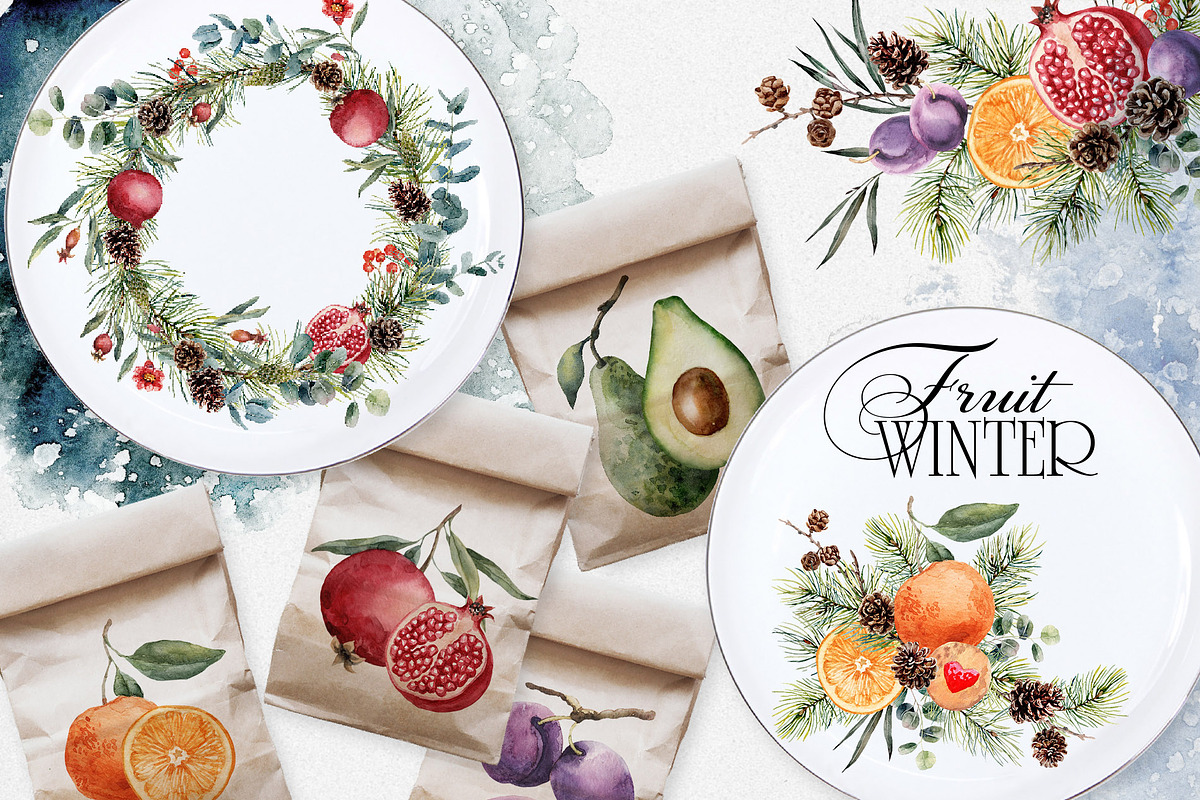 Watercolor winter clipart with fruit, a Decorative Illustration by RushkinaAntonina (Photo 2 of 9)
