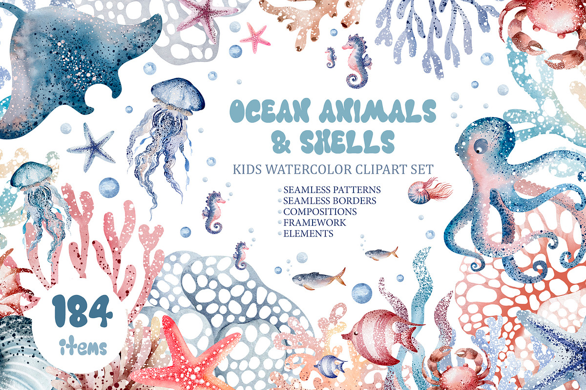 Ocean Animals Watercolor Clipart, an Animal Illustration by LenArt (Photo 1 of 16)