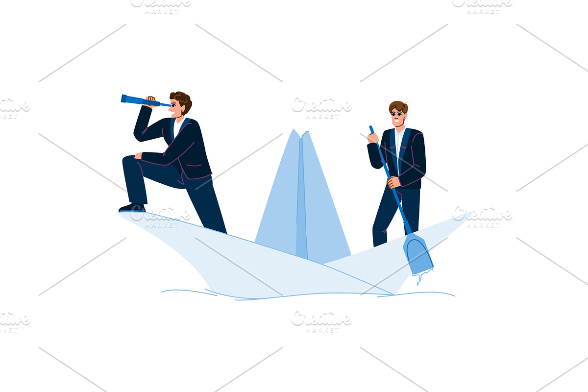Businessmen rowing and scouting for, a Finance Illustration by pikepicture