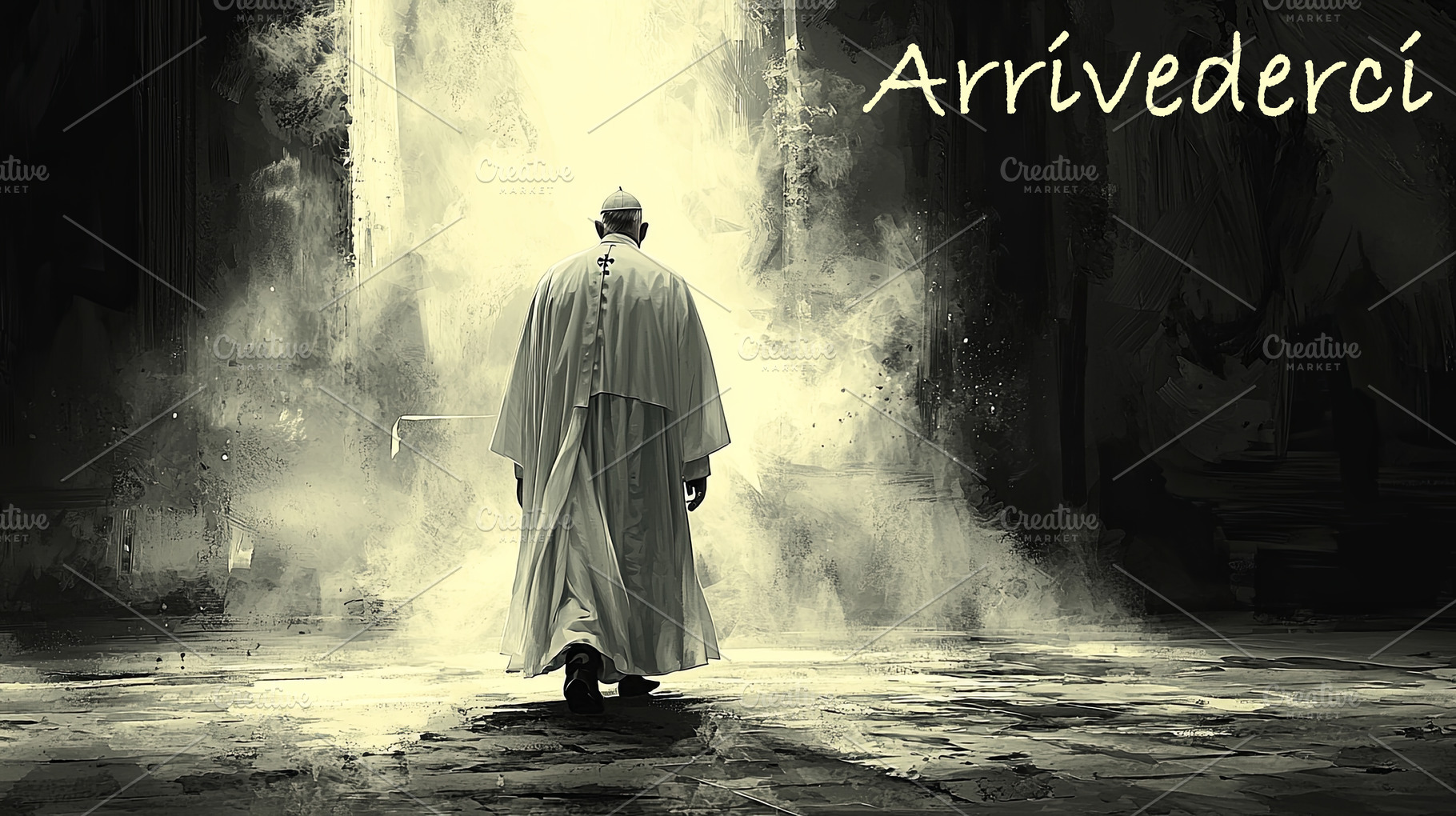 Papal figure leaving through illuminated mist with an atmosphere of farewell, a Photo by AS photostudio