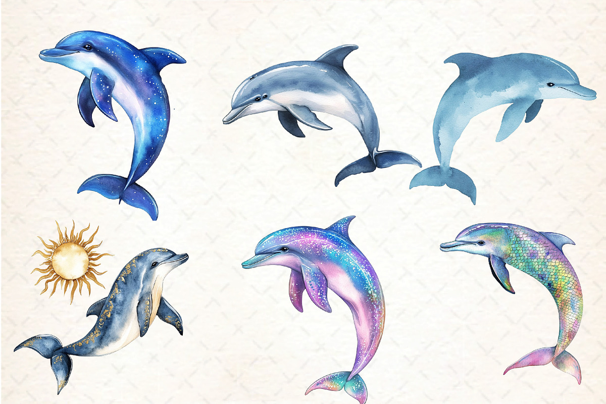 Watercolor Summer Dolphin Clipart, an Illustration by DreamCafeArt (Photo 2 of 5)