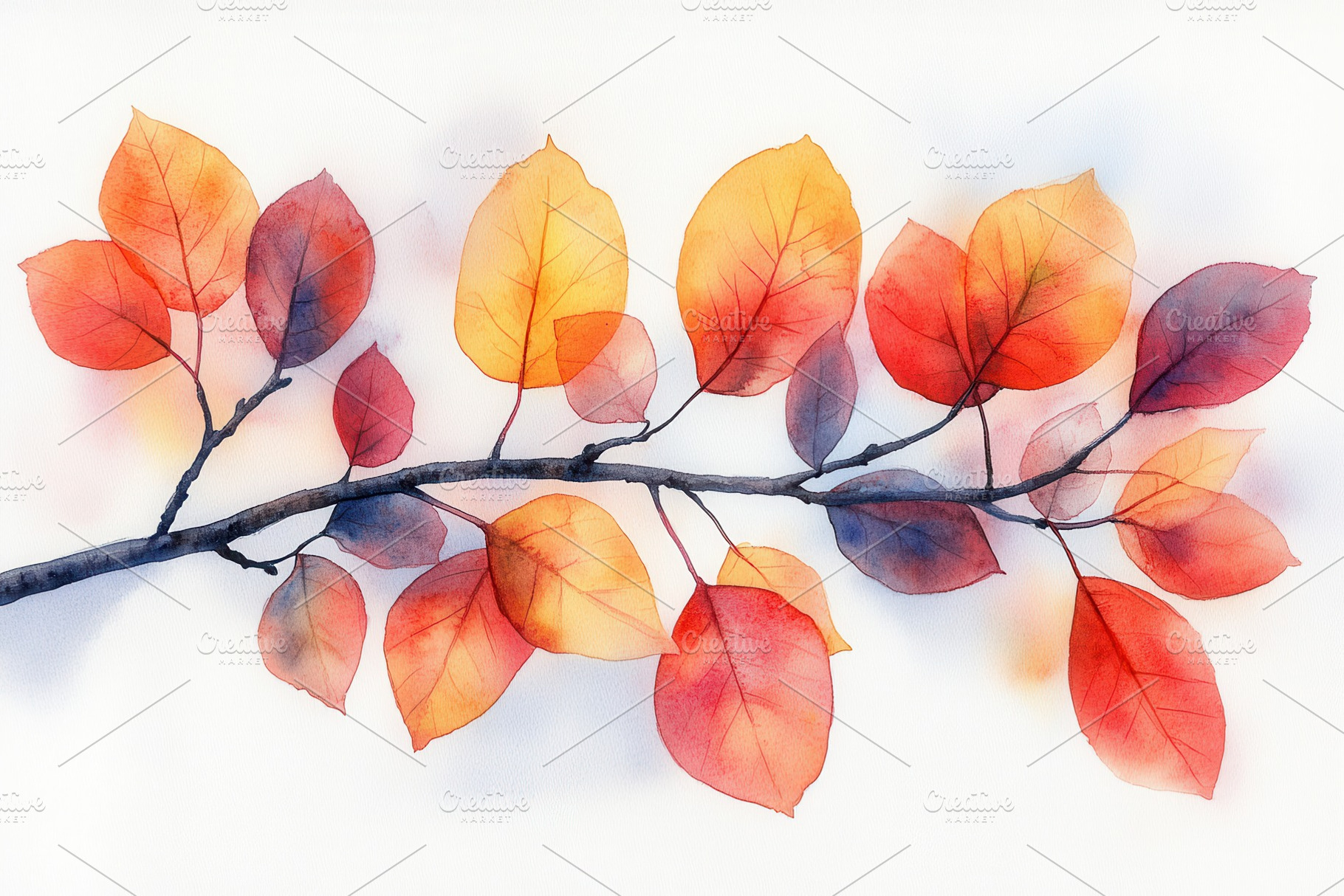 Colorful autumn leaves on a branch d, a Photo by Tanuart