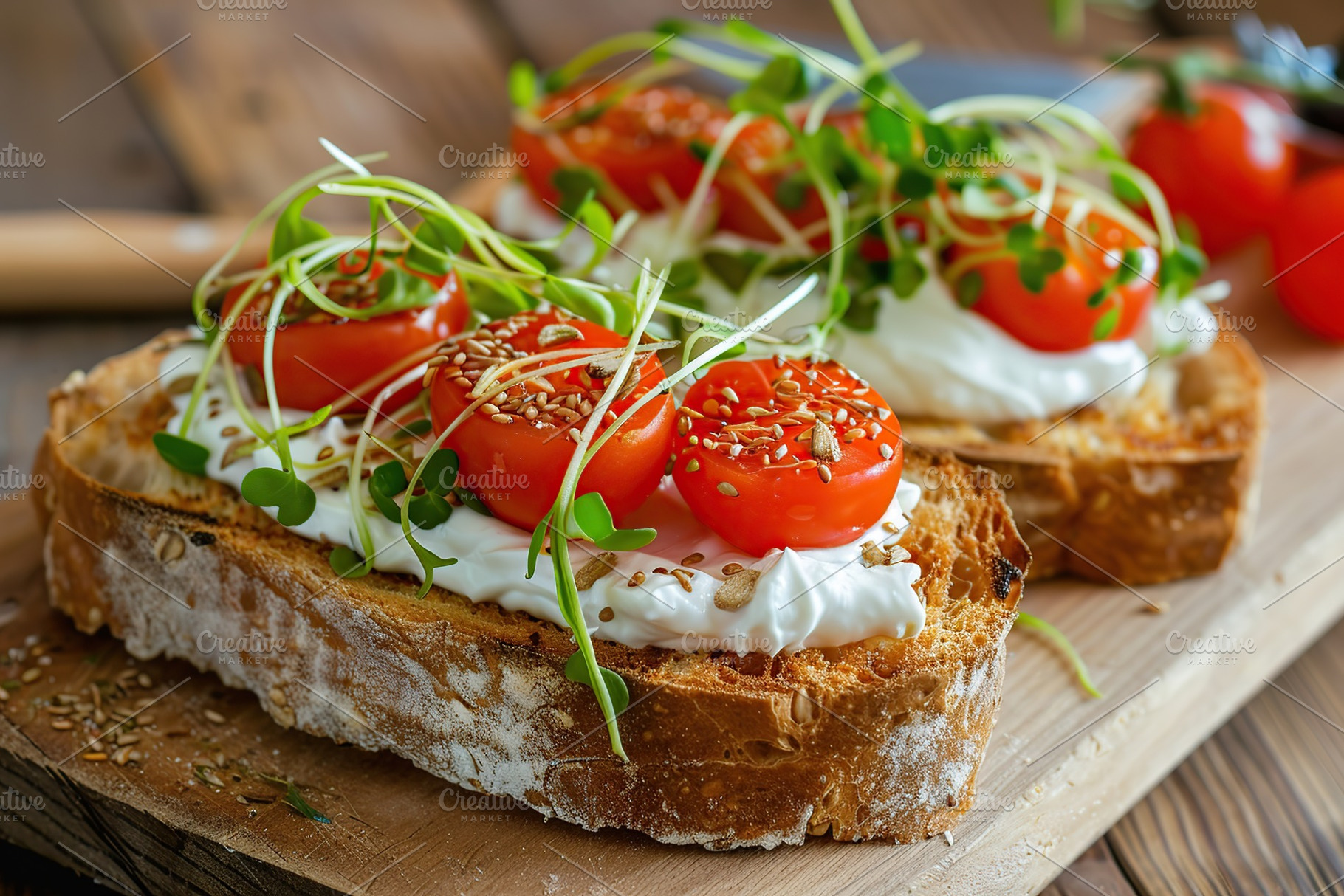 Sandwich with cream cheese, microgreens and tomatoes on wooden table, a Food & Drink Photo by AlyaAnd