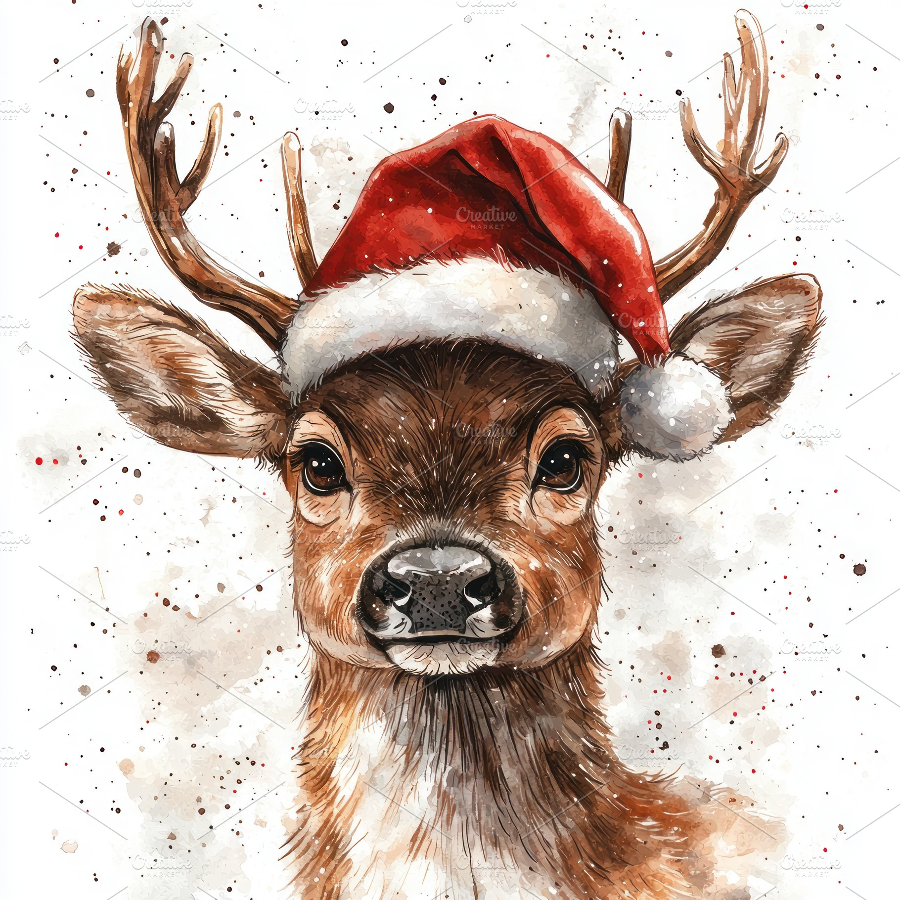 Cute reindeer wearing a Santa hat with festive snowy background, a Holiday Photo by José Manuel Gelpi