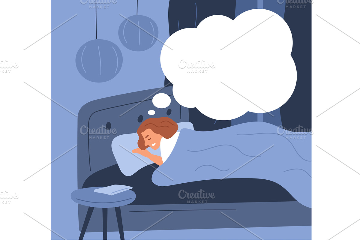 Happy woman sleeps in bed at night, a Person Illustration by Vectorbuum