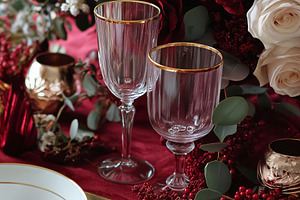 Elegant Christmas or holiday dinner table setting with red roses, white roses,, a Food & Drink Photo by Studio ANNA