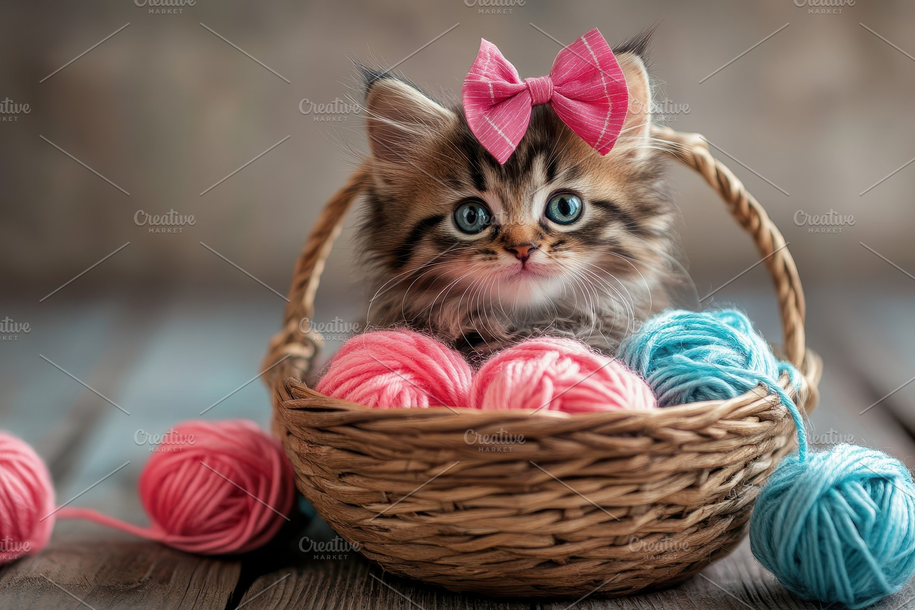 Cute kitten with a pink bow nestled, a Photo by Pavel_design