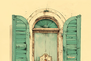 Vintage wooden window with green shutters and ornate religious decorative eleme, an Illustration by AS photostudio