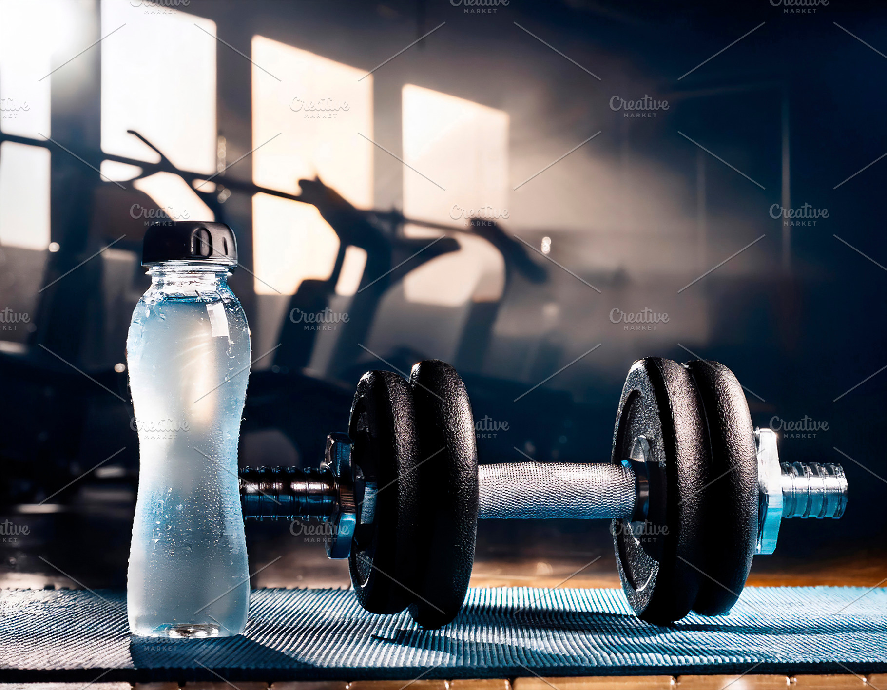 Barbell and water on blue mat in a gym backlit, a Sports & Recreation Photo by Davizro's Market