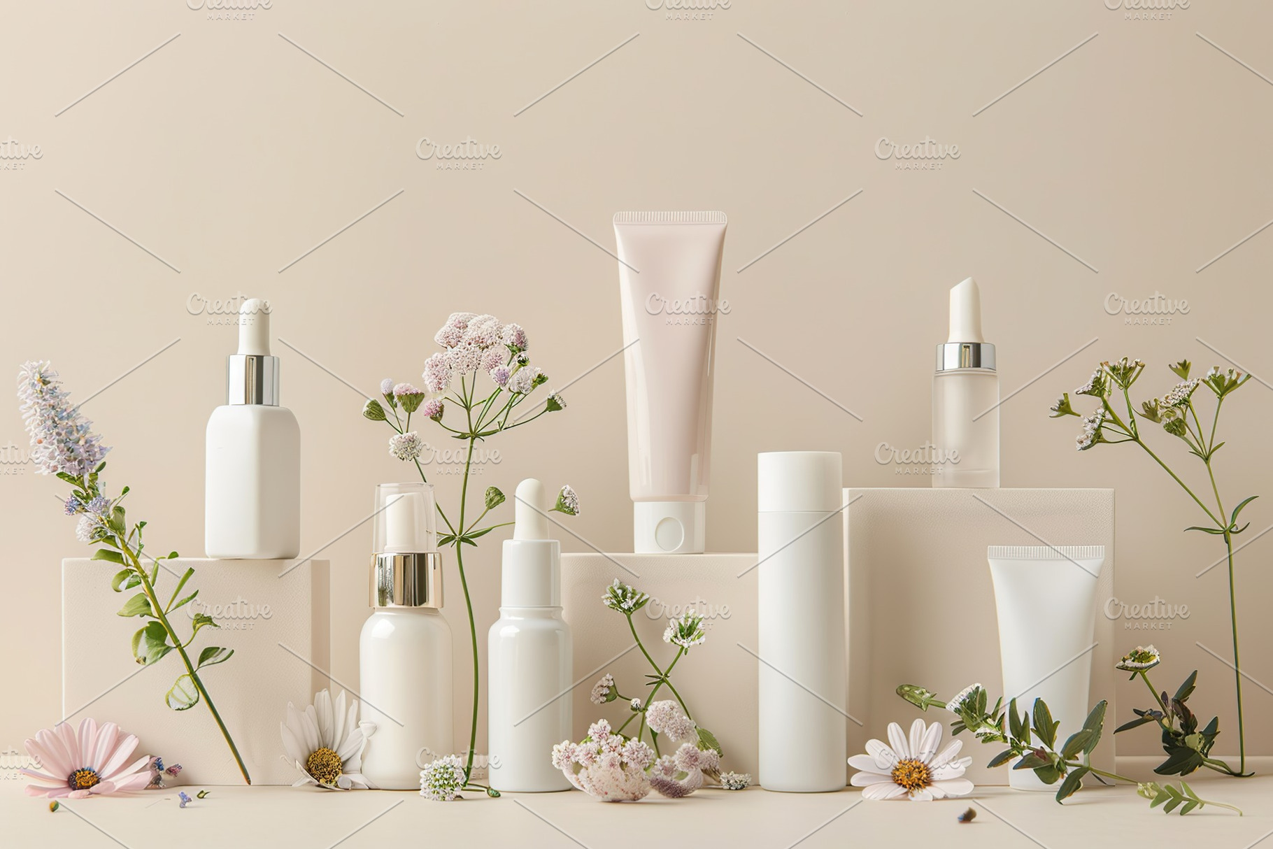Different blank cosmetic containers with green plants on beige background, a Health & Medical Photo by AlyaAnd