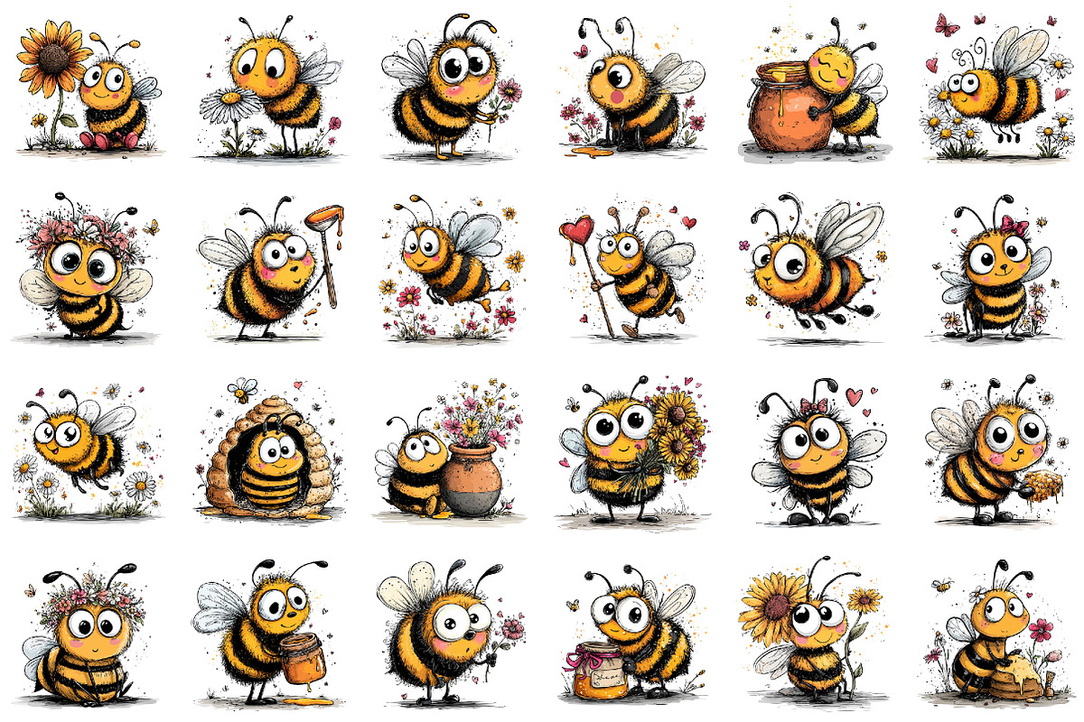 Whimsical Cute Bee Clipart, an Illustration by designcity5 (Photo 2 of 5)