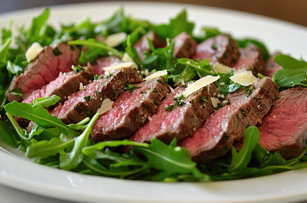 Beef carpaccio served on a bed of fresh arugula garnished with cheese flakes, a Food & Drink Photo by AlyaAnd