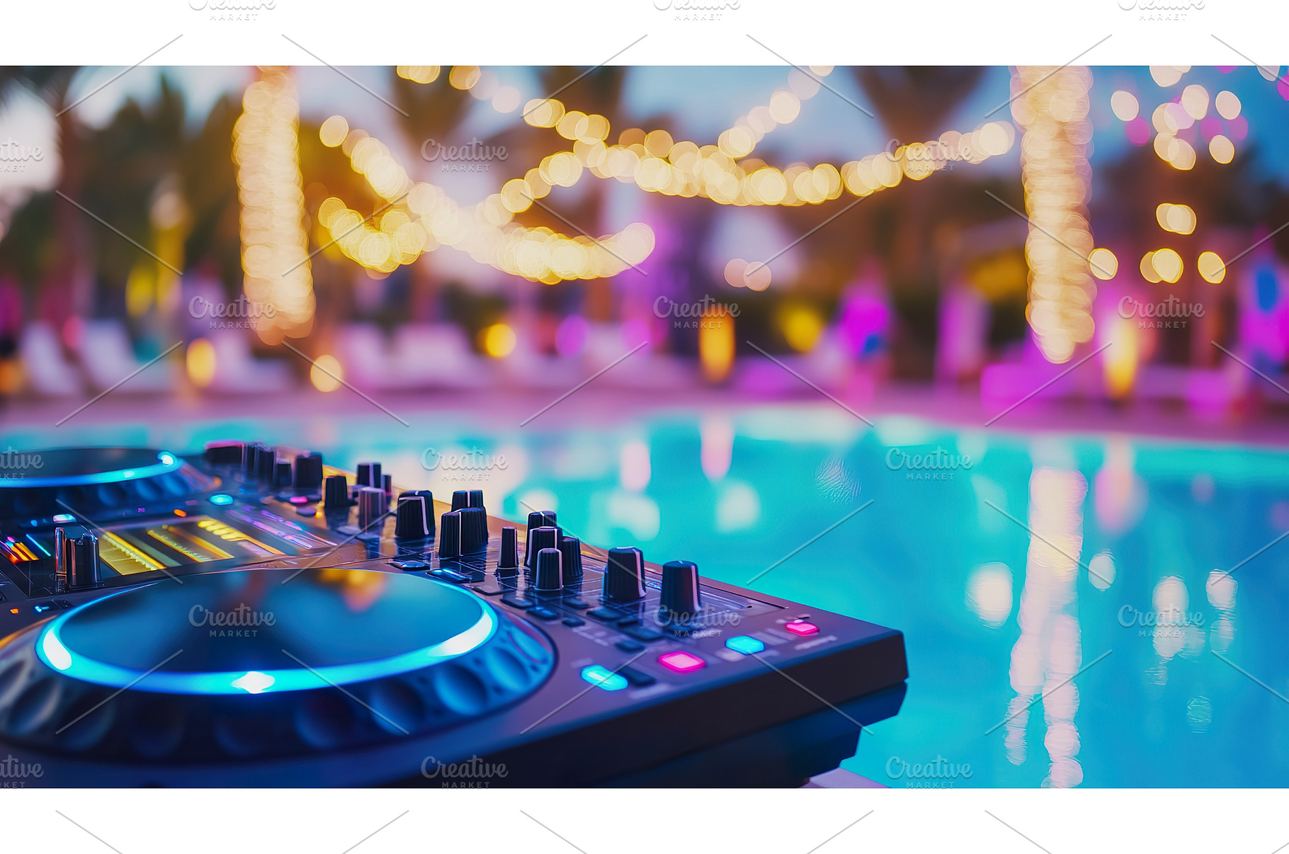 Dj mixer by poolside with colorful, a Technology Photo by Lermont51