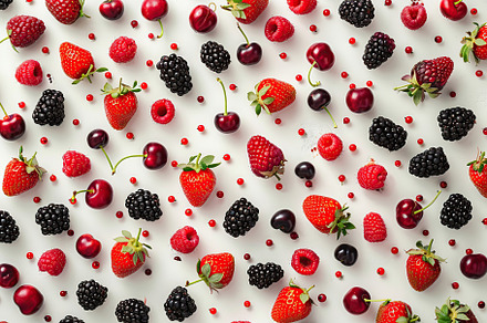 Pattern of ripe different berries on white background, a Food & Drink Photo by AlyaAnd