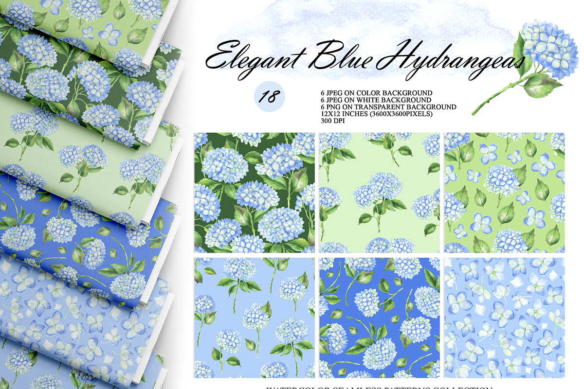 Hydrangea Watercolor Seamles Pattern, an Illustration by OlDm_Shop (Photo 1 of 9)