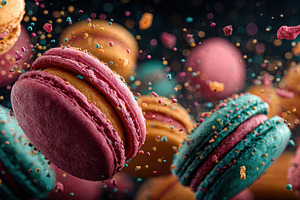Colorful Macarons in mid-air sweet e, a Photo by Pixeness Studio