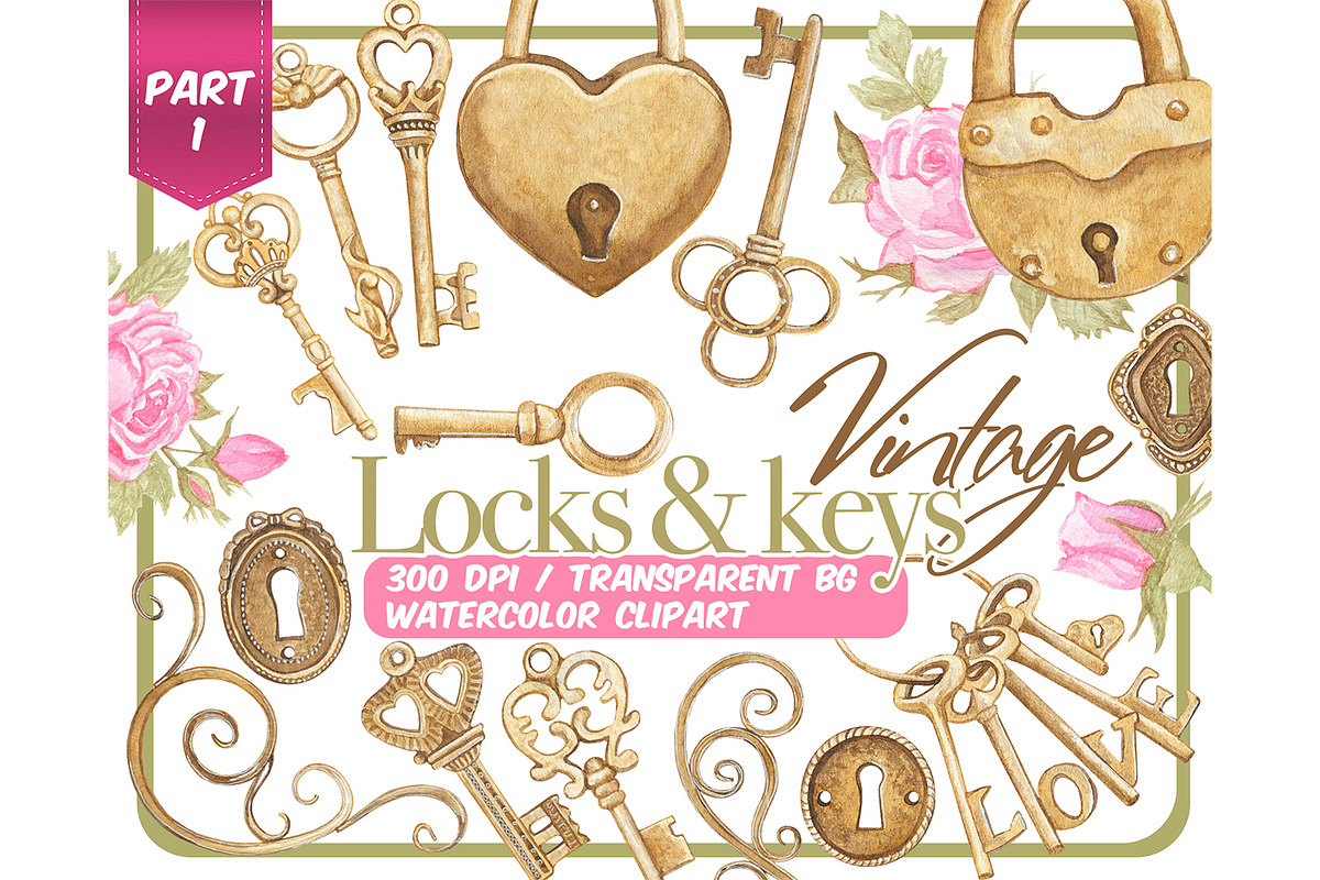Watercolor vintage Keys and locks, an Object Illustration by ArtfulStudio (Photo 1 of 9)