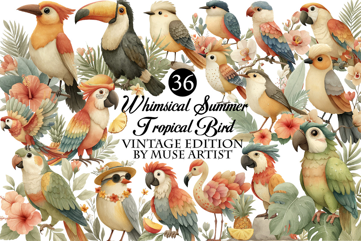 Whimsical Summer Tropical Bird Clipa, an Illustration by DreamArtGraphic (Photo 1 of 8)