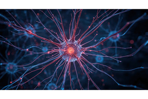 Close-up of a glowing neuron with, an Illustration by tilialucida