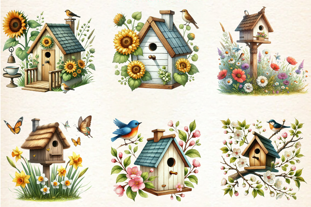 Watercolor Spring Bird Houses, a Seasonal Illustration by DreamArtGraphic (Photo 5 of 5)