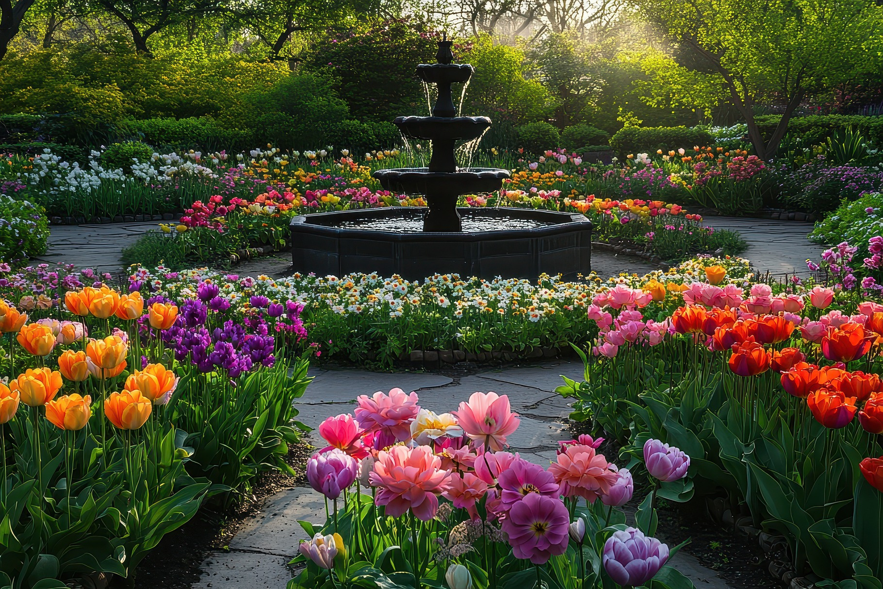 Serene Garden Fountain with Colorful, a Background Photo by Pixeness | Creative Market Serene Garden Fountain with Colorful, a... 