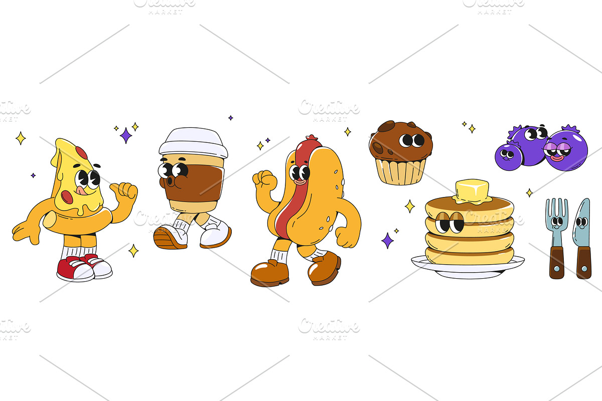 Food groovy cartoon character set, a Food Illustration by art PVP - market