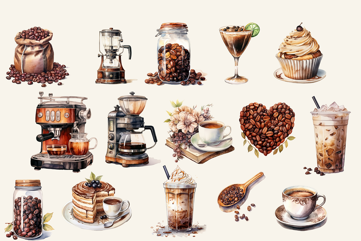 Watercolor Coffee Clipart, an Illustration by NadiaTheronArt (Photo 2 of 5)