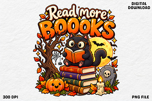 Halloween Reading Cat Book Lover PNG