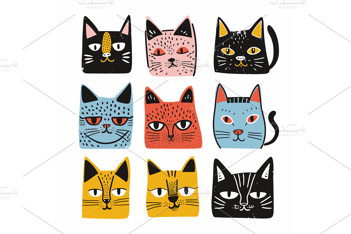 Collection quirky cat faces, various, an Animal Illustration by Vectorstockersland