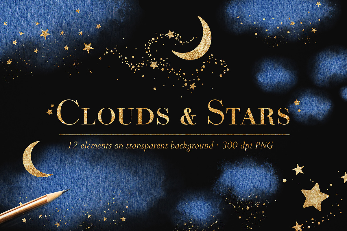 Navy blue clouds & gold stars, an Object Graphic by PixelJungle (Photo 1 of 2)