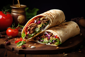 Tasty doner kebab on wooden background, a Food & Drink Photo by AlyaAnd