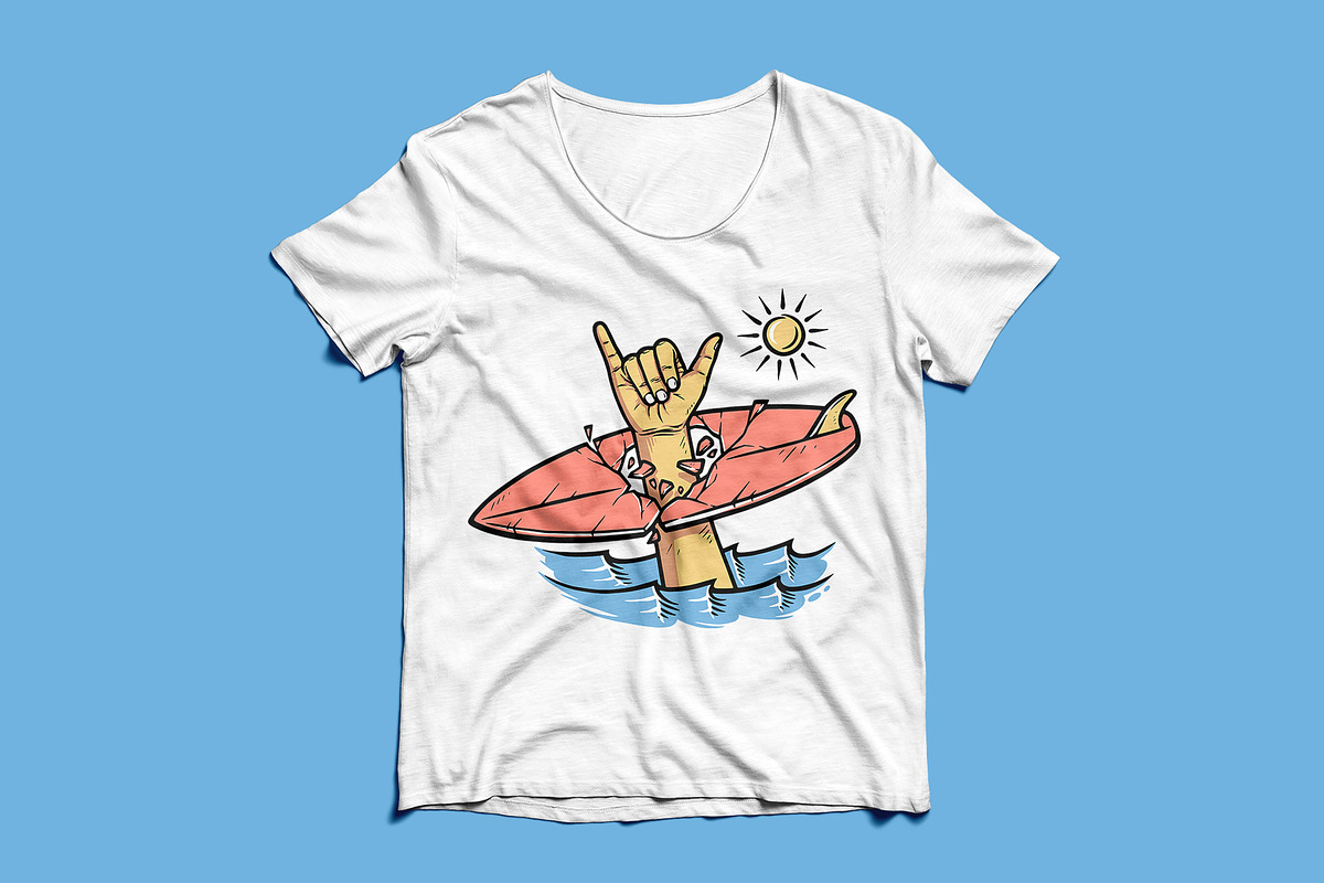 shaka hand and surfboard in the sea, a Sport Illustration by gunaonedesign (Photo 2 of 3)