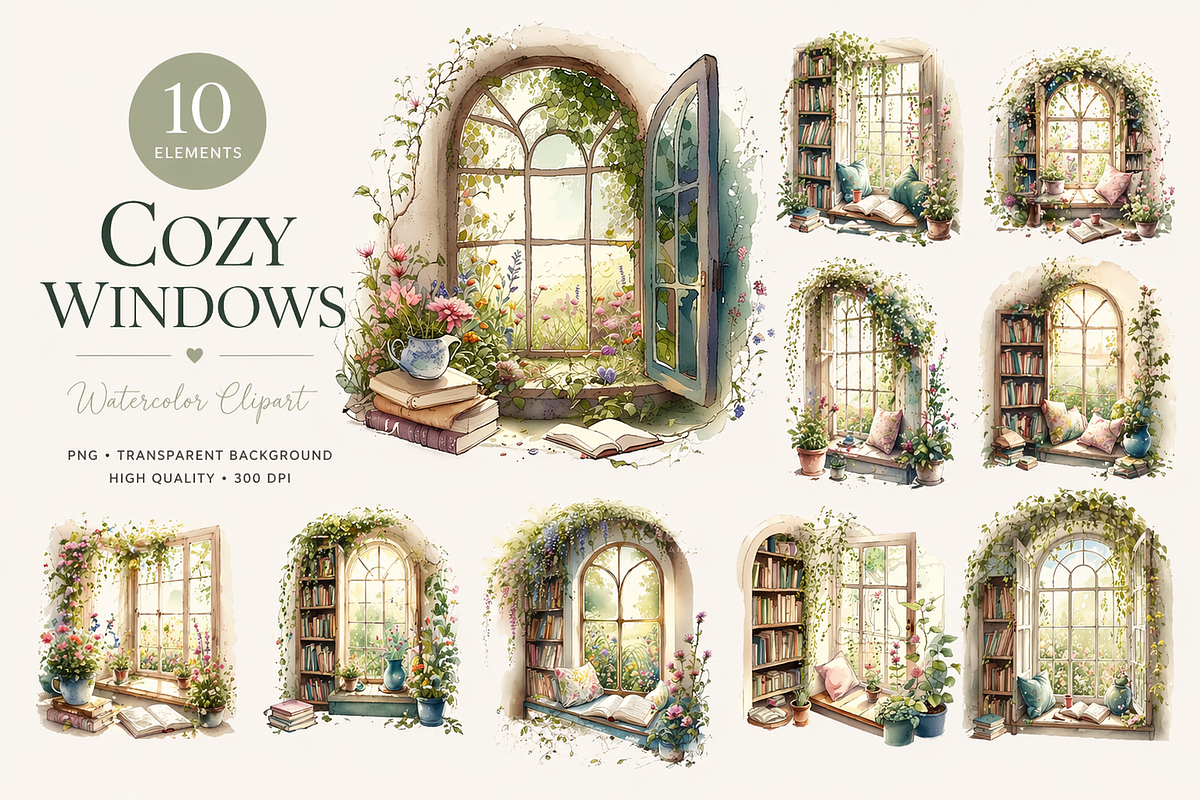 8 Watercolor Cozy Reading Nook Clipa, an Illustration by Jalina Clipart Studio (Photo 1 of 5)
