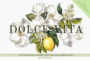 Lemons and Magnolia vector set, an Object Illustration by FleurArt