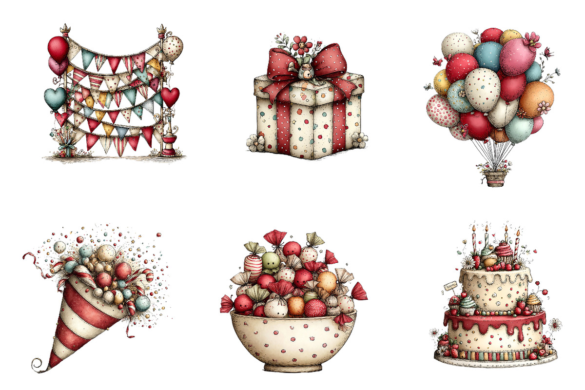 Whimsical Happy Birthday Clipart, an Illustration by CreationArt (Photo 3 of 7)
