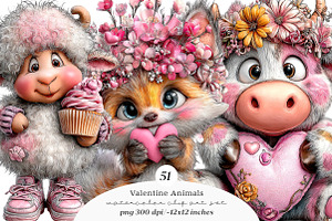 Watercolor Valentine Animals Clipart, an Illustration by SinaCreation