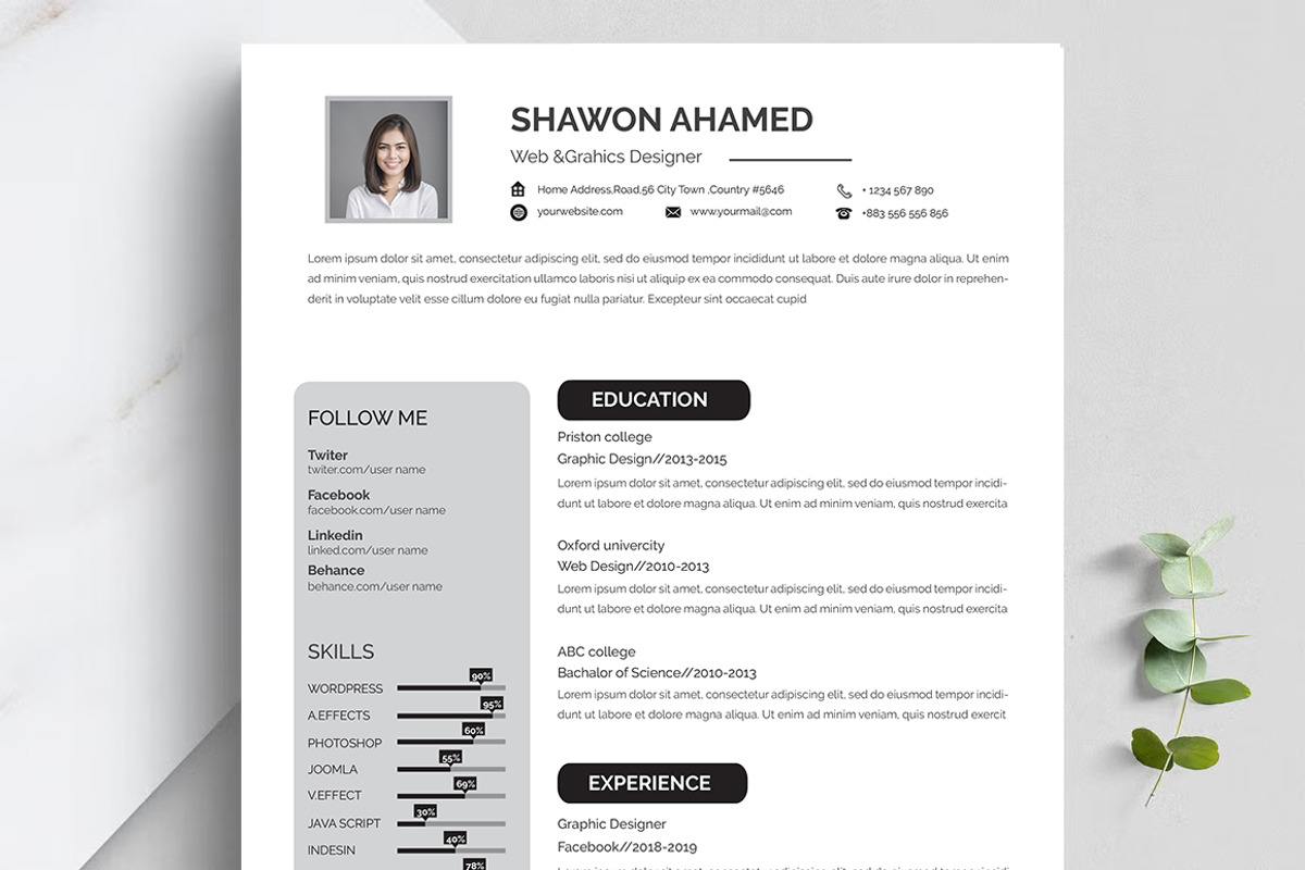 Modern Resume CV Template Design, a Resume Template by Blackcloud_Creations (Photo 1 of 5)