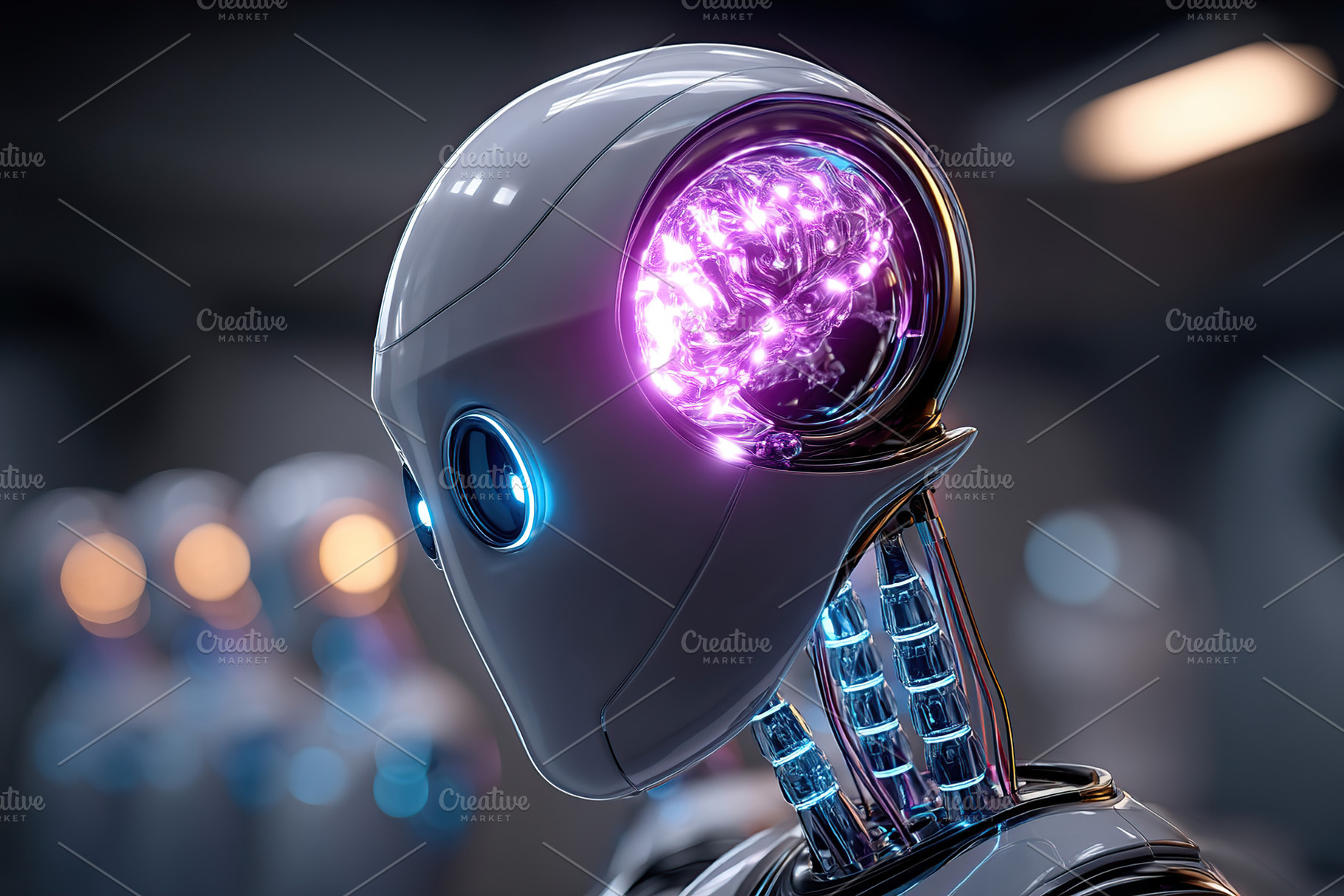 Futuristic robot with glowing brain in a high-tech laboratory environment, a Technology Photo by AlyaAnd