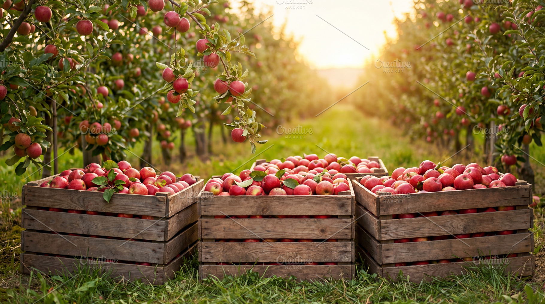Wooden crates filled with red apples, a Food & Drink Photo by Volff