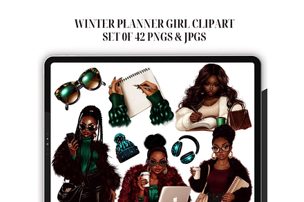 Black Woman Winter Planner Clipart