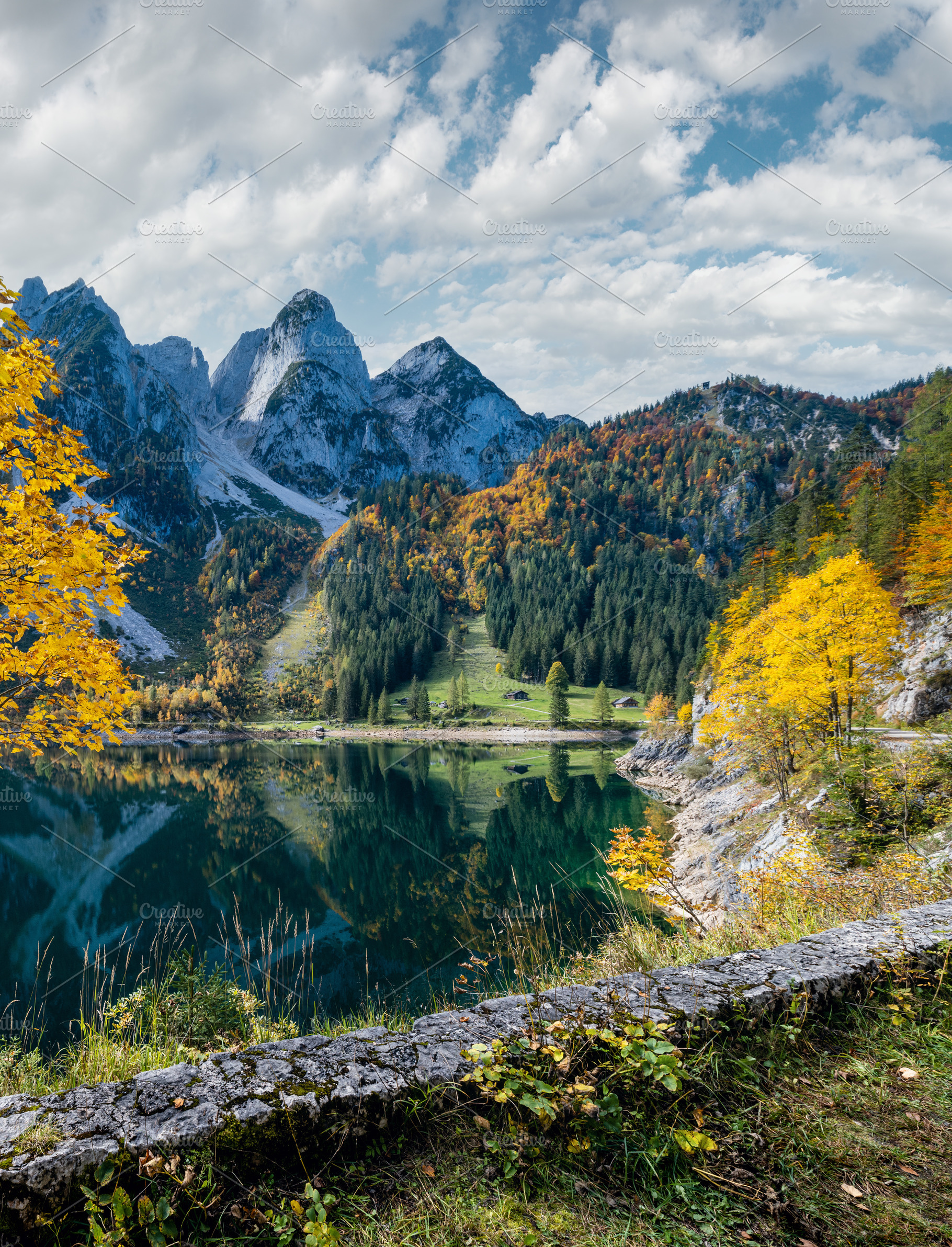 Peaceful autumn Alps mountain lake with reflections. Gosauseen o, a Nature Photo by YuriyB