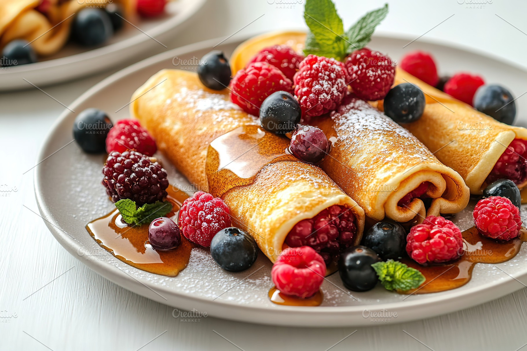Delicious pancakes topped with ripe berries and sweet syrup served on a white p, a Food & Drink Photo by AlyaAnd