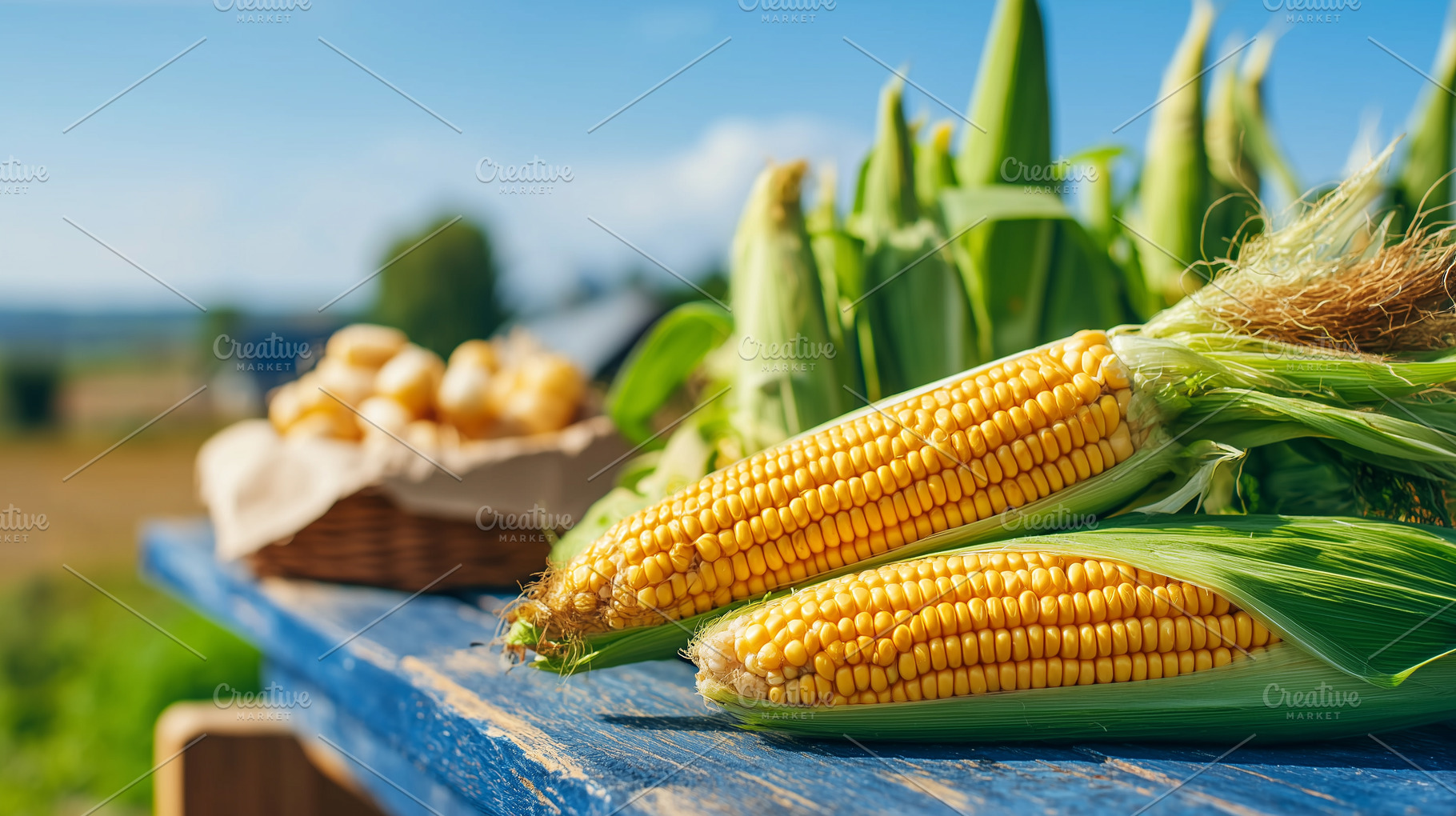 Fresh corn cobs on a rustic blue, a Nature Photo by MistyDay