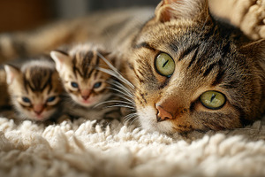 Mother Cat with Kittens Cozy on Fluf, a Photo by Pixeness Studio