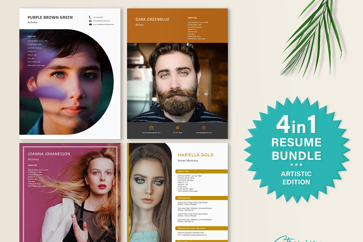 Resume Bundle 4 in 1 Actor, Actress, a Resume Template by Stanin Studio (Photo 1 of 10)