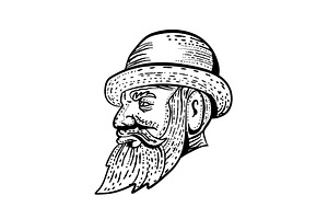 Hipster Wearing Bowler Hat Etching B